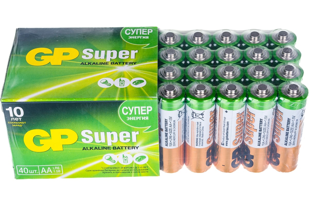 Алкалиновые батарейки GP Super Alkaline 15А АA 40 шт. 15A-2CRVS40 GP  15A-2CRVS40 - выгодная цена, отзывы, характеристики, фото - купить в Москве  и РФ