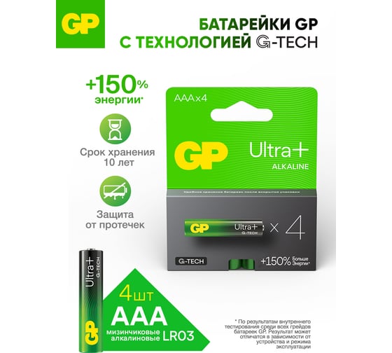 Батарейки GP ААА мизинчиковые алкалиновые Ultra Plus Alkaline, набор 4 шт (24AUPA21-BC4) 15783883