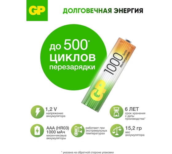 Перезаряжаемые аккумуляторы GP 100AAAHC AAA, емкость 1000 мАч - 4 шт. 100AAAHC-2DECRC4