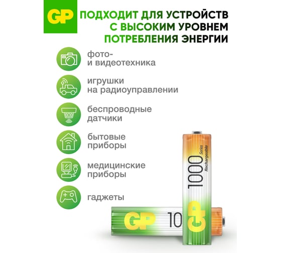 Перезаряжаемые аккумуляторы GP 100AAAHC AAA, емкость 1000 мАч - 4 шт. 100AAAHC-2DECRC4