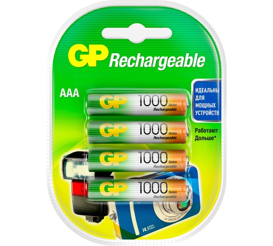 Перезаряжаемые аккумуляторы GP 100AAAHC AAA, емкость 1000 мАч - 4 шт ...