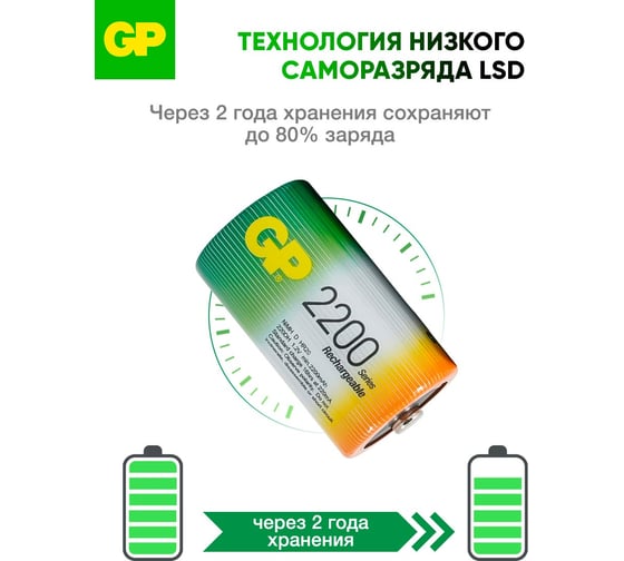 Перезаряжаемые аккумуляторы GP 220DHC типоразмера D, емкость 2200 мАч - 2 шт. 220DH-2CR2 220DH-2CR2 15783917