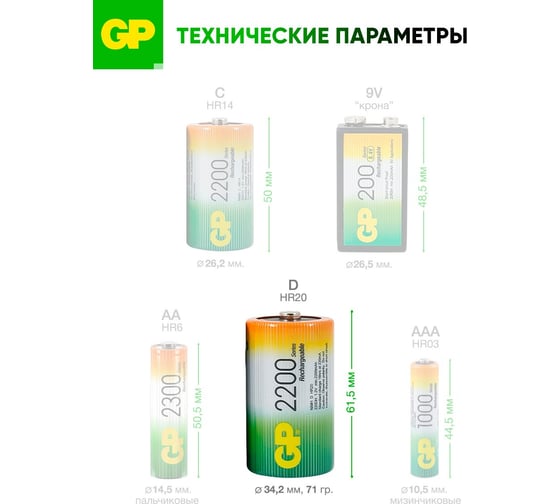 Перезаряжаемые аккумуляторы GP 220DHC типоразмера D, емкость 2200 мАч - 2 шт. 220DH-2CR2 220DH-2CR2 15783917