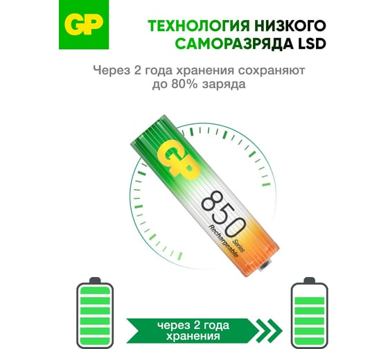 Перезаряжаемые аккумуляторы GP 85AAAHC AAA, емкость 850 мАч - 2 шт. 85AAAHC-2DECRC2 85AAAHC-2DECRC2 15783912