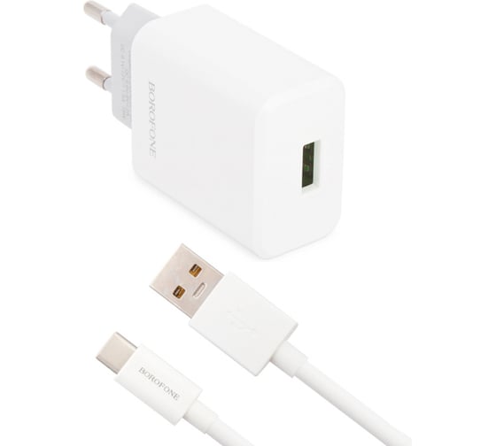 Сетевое зарядное устройство Borofone ba32a bright power 1xusb qc3.0, 18w, 3а + кабель type-c, 1м, белый 0L-00044341