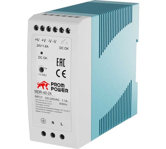 Источник питания Prompower mdr-40-24, на выходе 24 В DC, 1.6 а, 40 Вт. входное 85-264 В AC (120-370 В DC) MDR4024