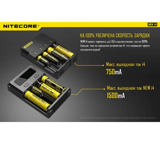 Зарядное устройство Nitecore i4 18650/16340 на 4АКБ Intellicharge V2 Совместим с Li-ion и Ni-MH/Ni-Cd аккумуляторами с автоматическим определением 15364