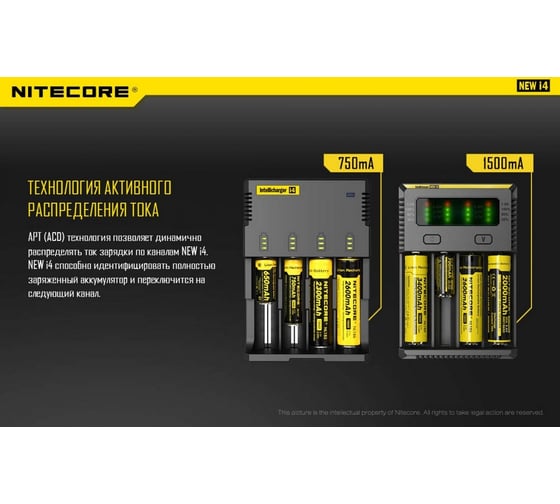 Зарядное устройство Nitecore i4 18650/16340 на 4АКБ Intellicharge V2 Совместим с Li-ion и Ni-MH/Ni-Cd аккумуляторами с автоматическим определением 15364