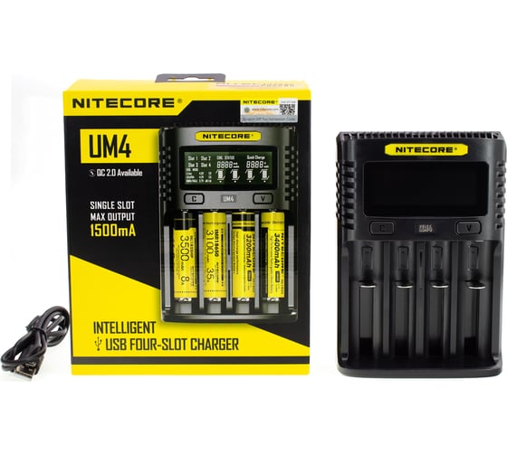 Зарядное устройство Nitecore UM4 18650/21700 на 4АКБ Intellicharge V2 Совместим с Li-ion/IMR и Ni-MH/Ni-Cd аккумуляторами с автоматическим определением 18265