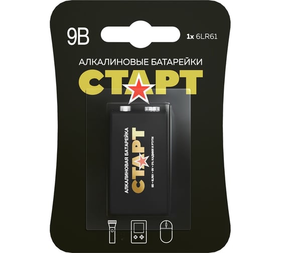 Щелочная батарейка СТАРТ 9v "крона" 6lr61-bl1 n 1шт 19129 1