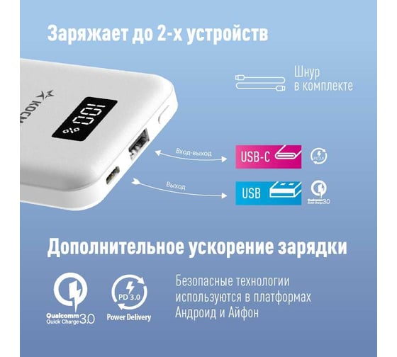 Внешний аккумулятор КОСМОС 10000 мАч USB TYPE-C 5V-12V, KPB10USBTC