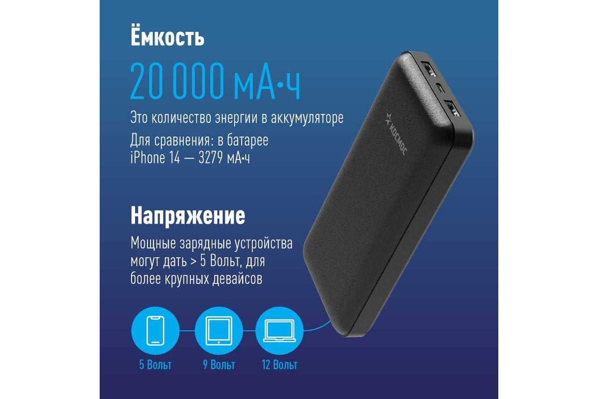 Внешний аккумулятор КОСМОС 20000 мАч 2 USB TYPE-C 5V-12V, KPB20USB2TC -  выгодная цена, отзывы, характеристики, фото - купить в Москве и РФ