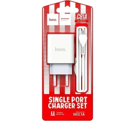Сетевое зарядное устройство Hoco c81a asombroso 1xusb, 2.1а + usb кабель microusb, 1м (белый) 0L-00049103