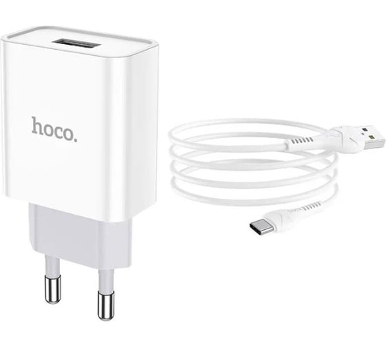Сетевое зарядное устройство Hoco C81A asombroso 1xusb, 2.1а + USB/Type-C 1м, белый, блистер, 6931474727961