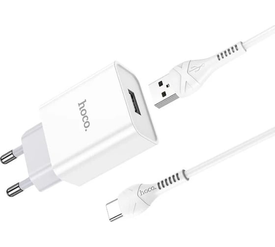 Сетевое зарядное устройство Hoco C81A asombroso 1xusb, 2.1а + USB/Type-C 1м, белый, блистер, 6931474727961