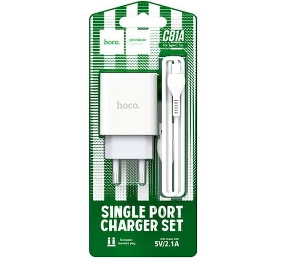 Сетевое зарядное устройство Hoco C81A asombroso 1xusb, 2.1а + USB/Type-C 1м, белый, блистер, 6931474727961
