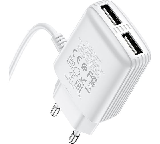 Сетевое зарядное устройство Hoco c82a real power 2xusb, 2.4а, интегр кабель lightning 8-pin, 1м (белый) 0L-00049097