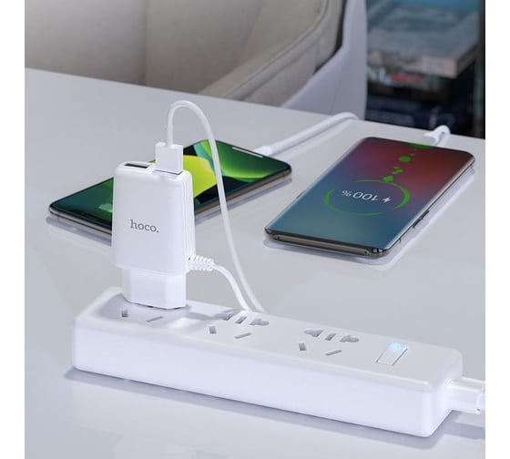 Сетевое зарядное устройство Hoco c82a real power 2xusb, 2.4а, интегр кабель lightning 8-pin, 1м (белый) 0L-00049097