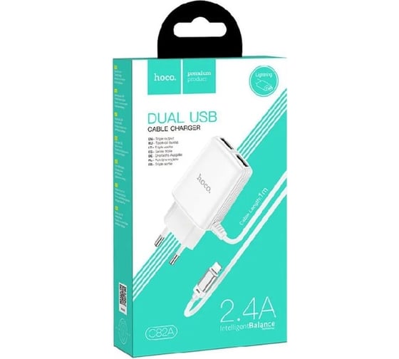 Сетевое зарядное устройство Hoco c82a real power 2xusb, 2.4а, интегр кабель lightning 8-pin, 1м (белый) 0L-00049097