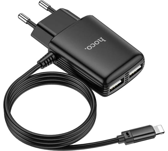 Сетевое зарядное устройство Hoco c82a real power 2xusb, 2.4а, интегр кабель lightning 8-pin, 1м (черный) 0L-00049096