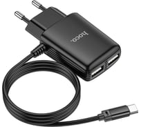 Сетевое зарядное устройство Hoco c82a real power 2xusb, 2.4а, интегр кабель type-c, 1м (черный) 0L-00049099