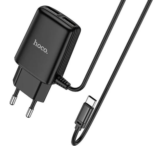 Сетевое зарядное устройство Hoco c82a real power 2xusb, 2.4а, интегр кабель type-c, 1м (черный) 0L-00049099