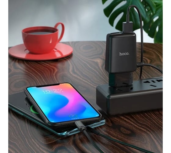 Сетевое зарядное устройство Hoco c82a real power 2xusb, 2.4а, интегр кабель type-c, 1м (черный) 0L-00049099