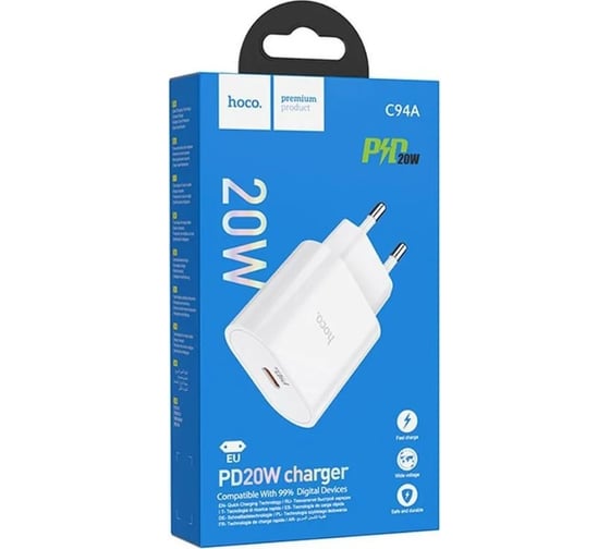 Сетевое зарядное устройство Hoco c94a metro 1xusb-c, 3а, pd20w, (белый) коробка, 6931474762177