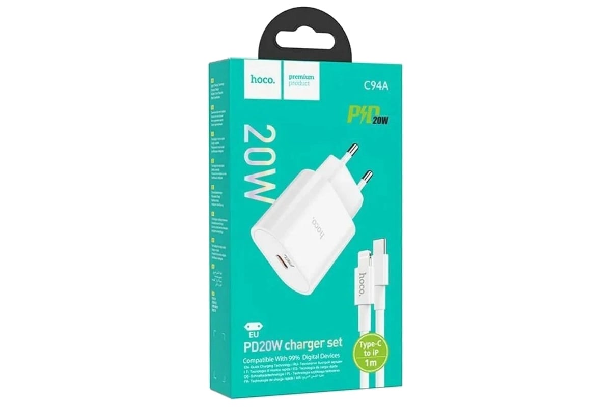 Сетевое зарядное устройство Hoco c94a metro 1xusb-c, 3а, pd20w, + usb-c  кабель lightning 8-pin, 1м (белый) 0L-00054477