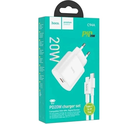 Сетевое зарядное устройство Hoco c94a metro 1xusb-c, 3а, pd20w, + usb-c кабель lightning 8-pin, 1м (белый) 0L-00054477