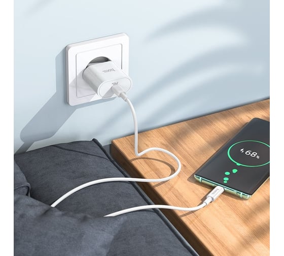 Сетевое зарядное устройство Hoco c94a metro 1xusb-c, 3а, pd20w, + usb-c кабель type-c, 1м (белый) 0L-00054478