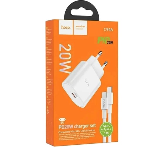 Сетевое зарядное устройство Hoco c94a metro 1xusb-c, 3а, pd20w, + usb-c кабель type-c, 1м (белый) 0L-00054478