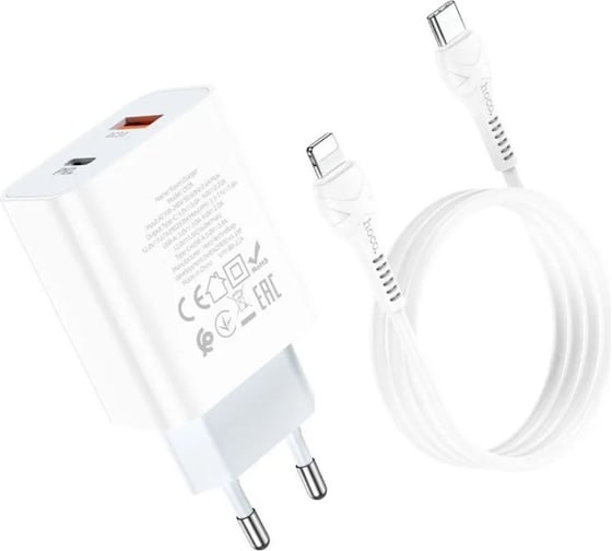 Сетевое зарядное устройство Hoco c97a 1xusb qc3.0, 1xusb-с pd20w + usb-c кабель lightning 8-pin, 1 м (белый) 0L-00056009