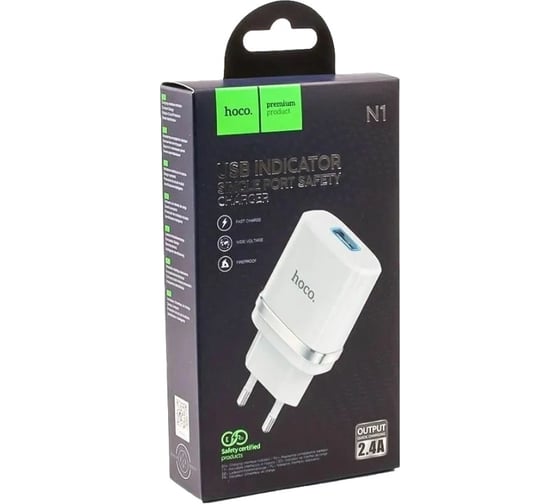 Сетевое зарядное устройство Hoco n1 ardent 1xusb, 2.4а, led (белый) 0L-MG-WF336