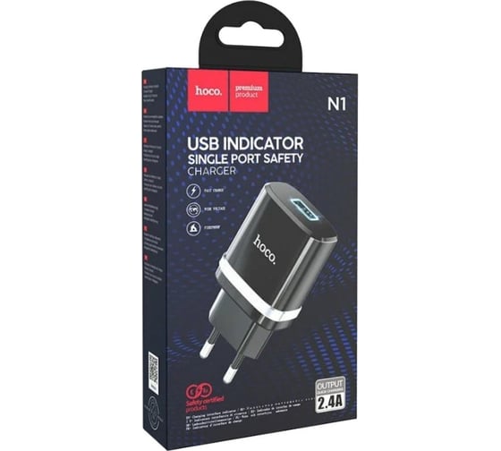Сетевое зарядное устройство Hoco n1 ardent 1xusb, 2.4а, led (черный) 0L-MG-WF335