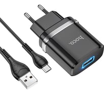 Сетевое зарядное устройство Hoco n1 ardent 1xusb, 2.4а, led + usb кабель microusb, 1м (черный) 0L-MG-WF338