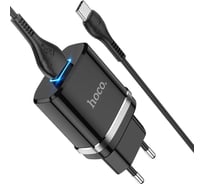 Сетевое зарядное устройство Hoco n1 ardent 1xusb, 2.4а, led + usb кабель type-c, 1м (черный) 0L-MG-WF339 28115150