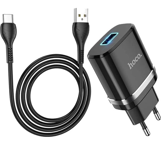 Сетевое зарядное устройство Hoco n1 ardent 1xusb, 2.4а, led + usb кабель type-c, 1м (черный) 0L-MG-WF339