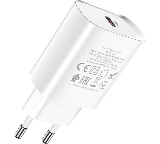 Сетевое зарядное устройство Hoco n14 1xusb-c, 3а, pd20w, (белый) 0L-00050617
