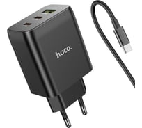 Сетевое зарядное устройство Hoco n18 phenomenon 1xusb, 2xusb-c, 3а, pd65w, qc3.0, gan + usb-c кабель type-c, 1м (черный) 0L-00051194