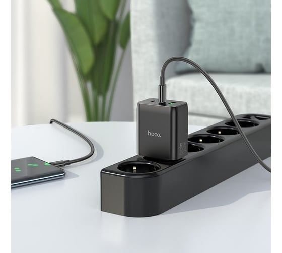Сетевое зарядное устройство Hoco n18 phenomenon 1xusb, 2xusb-c, 3а, pd65w, qc3.0, gan + usb-c кабель type-c, 1м (черный) 0L-00051194