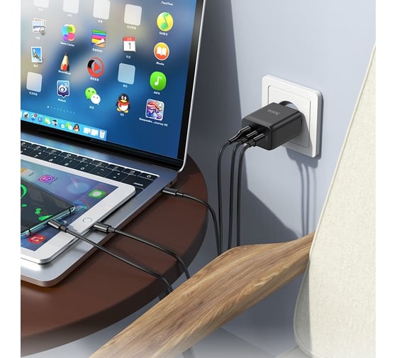 Сетевое зарядное устройство Hoco n18 phenomenon 1xusb, 2xusb-c, 3а, pd65w, qc3.0, gan + usb-c кабель type-c, 1м (черный) 0L-00051194