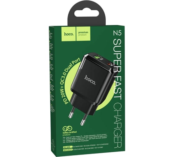 Сетевое зарядное устройство Hoco n5 favor 1xusb, 1xusb-c, 3а, pd20w, qc3.0 (черный) 0L-00050619