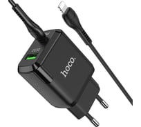 Сетевое зарядное устройство Hoco n5 favor 1xusb, 1xusb-c, pd20w, qc3.0 + usb-c кабель lightning 8-pin, 1м (черный) 0L-00050620