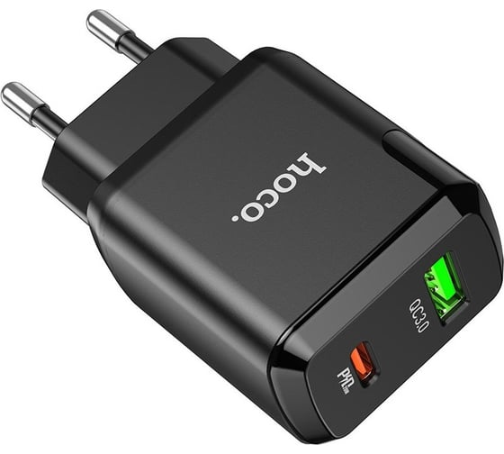 Сетевое зарядное устройство Hoco n5 favor 1xusb, 1xusb-c, pd20w, qc3.0 + usb-c кабель lightning 8-pin, 1м (черный) 0L-00050620