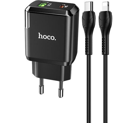 Сетевое зарядное устройство Hoco n5 favor 1xusb, 1xusb-c, pd20w, qc3.0 + usb-c кабель lightning 8-pin, 1м (черный) 0L-00050620