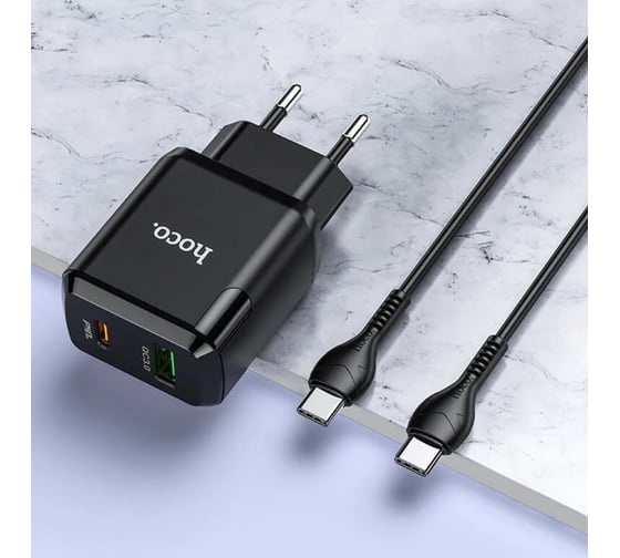 Сетевое зарядное устройство Hoco n5 favor 1xusb, 1xusb-c, pd20w, qc3.0 + usb-c кабель type-c, 1м (черный) 0L-00050621