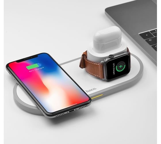 Беспроводное зарядное устройство Hoco cw21 wisdom 3в1 для смартфона/iwatch/airpods, 10w/2w/3w, 1м (белый) 0L-00043610