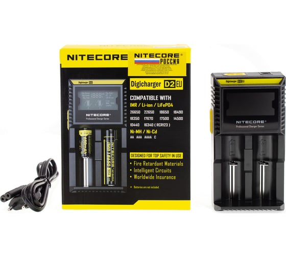Зарядное устройство Nitecore d2 18650/16340 на 2 акб intellicharge v2 совместим с li-ion и ni-mh/ni-cd аккумуляторами с автоматическим определением 11479