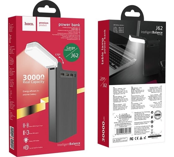 Внешний акб Hoco j62 jove 30000mah, 3xusb, 2а, led, светильник, li-pol (черный) 0L-00049113